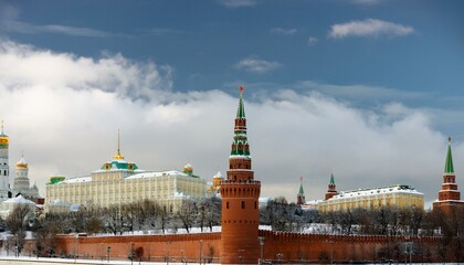 Obraz premium 눈 덮인 모스크바의 크렘린 성벽