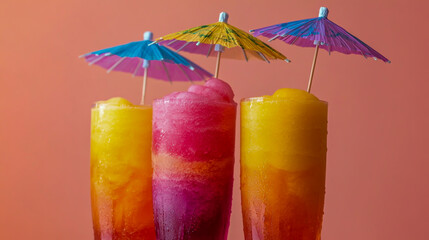 A colorful layered slush drink, featuring gradient hues and tropical umbrellas against a pink-to-orange gradient