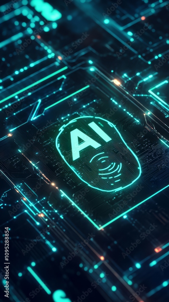 Poster ai circuitry: futuristic ai technology concept. ai face embedded in a circuit board. abstract digita