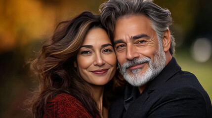 Charming joyful couple smiling affectionately in autumnal orange backdrop with love and happiness perfectly captured banner