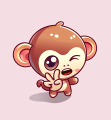 Cute chibi monkey, peace gesture 