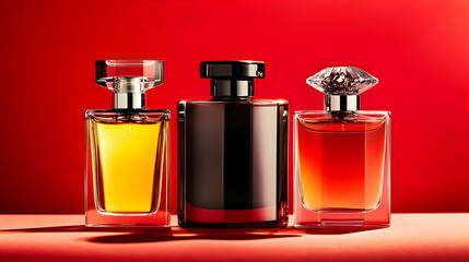 Three Elegant Perfume Bottles Displayed Against a Striking Red Background Showcasing Various Shapes and Colors of Fragrance Containers