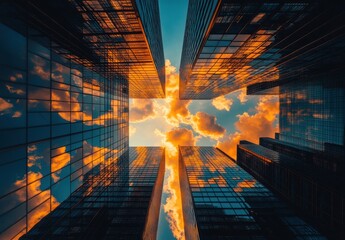 Stunning View of Skyscrapers Against a Dramatic Sunset Sky Featuring Vibrant Colors and Unique Reflections Captured Architectural Marvels in Urban Landscape