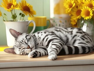 Charming Relaxation of a Striped Cat Nestled on a Wooden Table Surrounded by Cheerful Sunflowers and Colorful Mugs in a Bright, Sunny Kitchen Setting