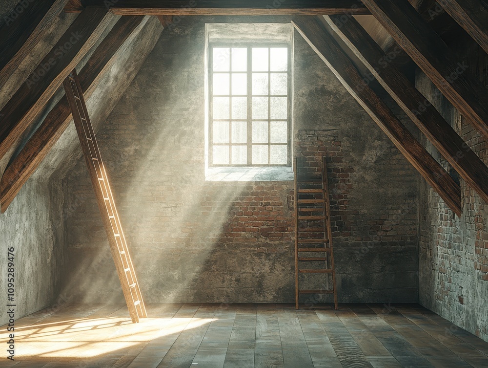 Poster sunlight streams through window in rustic attic with rustic stairs, evoking a sense of calm and sere