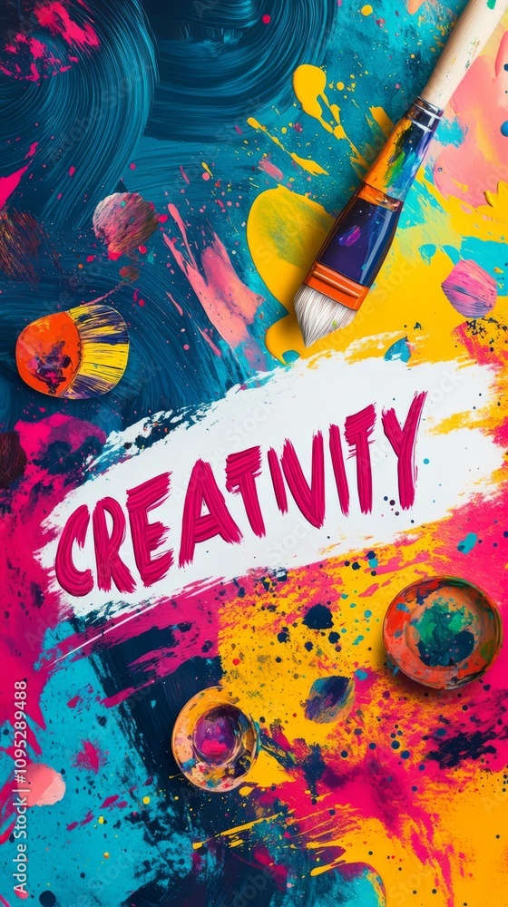 Poster creativity unleashed: a vibrant abstract painting with bold strokes and splashes of color, a paintbr