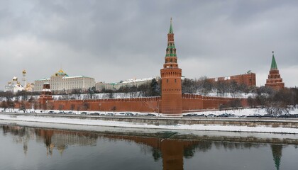 Fototapeta premium 눈 덮인 모스크바의 크렘린 성벽 