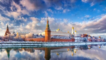 Obraz premium 눈 덮인 모스크바의 크렘린 성벽 