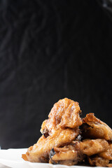 Fried eggplants with meat on a wooden background. Food concept. Chinese food.