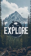 Explore the Wild: A majestic mountain peak dominates the landscape, with a powerful "EXPLORE" graphic superimposed against a backdrop of verdant pines and a dramatic sky.