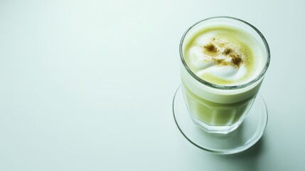 柔らかな光の雰囲気の中で輝く緑色の抹茶ラテの航空写真