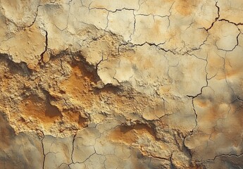 Fototapeta premium Textured background of dry, cracked earth with shades of yellow, orange, and brown demonstrating the effects of drought and arid conditions on natural surfaces