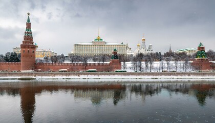 Obraz premium 눈 덮인 모스크바의 크렘린 성벽 