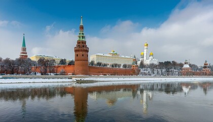 Obraz premium 눈 덮인 모스크바의 크렘린 성벽 