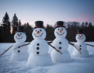 Snowmen on a sunny day in the forest
