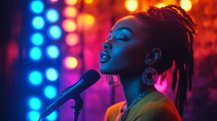 Woman singer performing on stage with microphone.