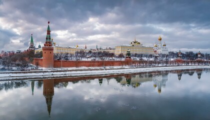 Obraz premium 눈 덮인 모스크바의 크렘린 성벽 