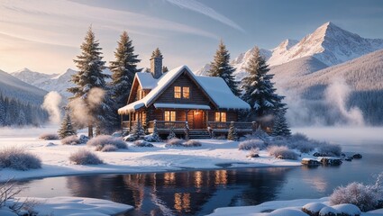 Fototapeta premium Charming Winter Cabin By The Lake With Snowy Mountains And Morning Light