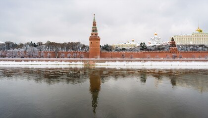 Obraz premium 눈 덮인 모스크바의 크렘린 성벽 