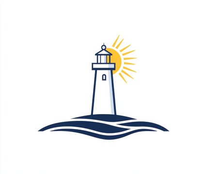 Minimalistic line art logo of a lighthouse with rays coming out, blue color theme with yellow highlights on a white background.