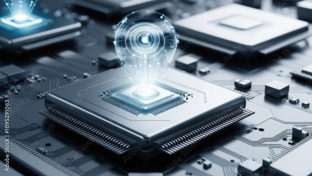 Poster high tech microchip with intricate circuits and floating holograms, showcasing metallic finish and a