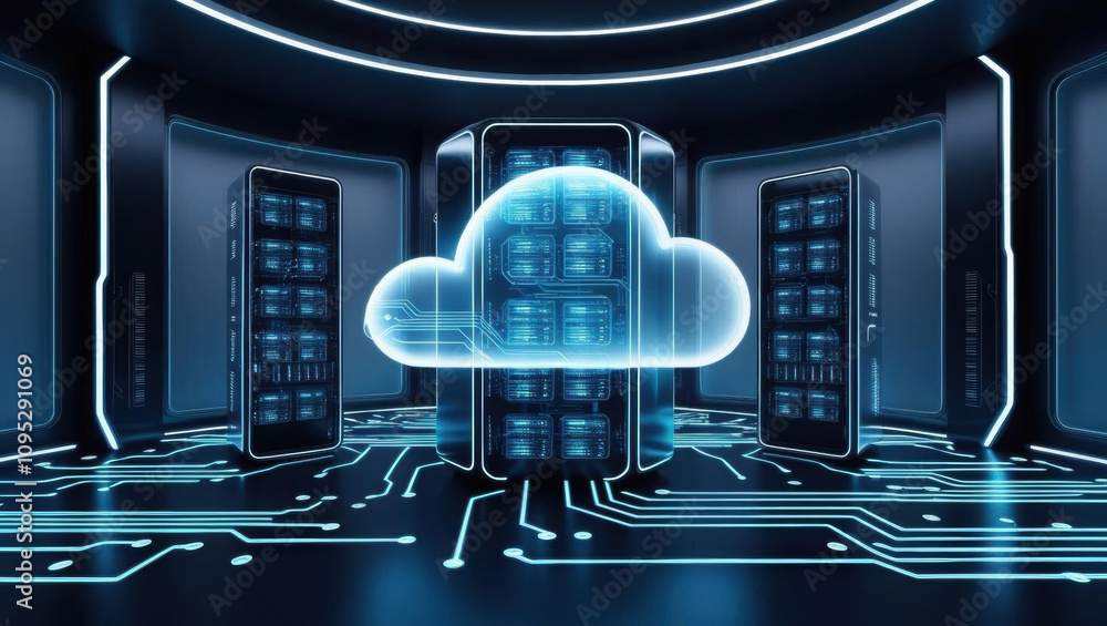 Poster immersive tech design featuring holographic cloud servers and neon circuits in dark, glowing setting