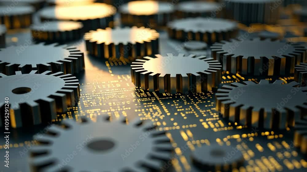 Poster intricate arrangement of gears and circuit patterns in a high-tech scene with detailed textures and 