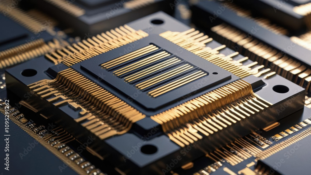 Poster intricate circuits and detailed layers of microchip showcase vibrant lighting effects, highlighting 