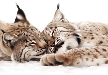Naklejka premium Two Adorable Lynxes Nestled Together in a Cozy Embrace, Showcasing Their Soft Fur and Adorable Features Against a Snowy White Background