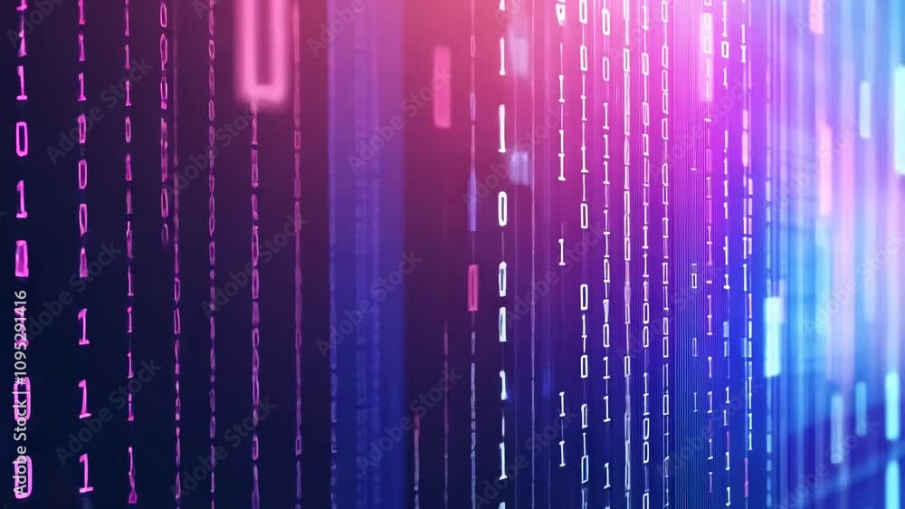 Poster abstract representation of digital data flow in a holographic display with vivid colors and binary c
