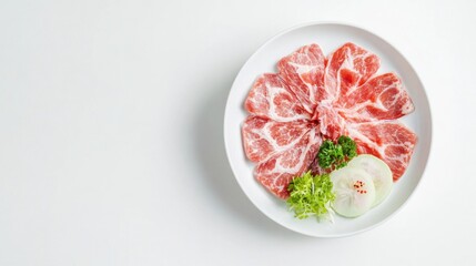 新鮮なスライスを白い皿に盛り付けた、さわやかな料理の盛り付けの航空写真