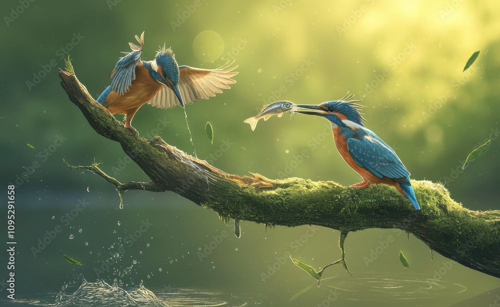Poster two colorful kingfishers perched on a mossy branch catching fish under warm sunlight in a serene nat