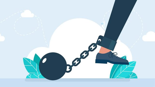 Work problem. Chain with a ball attached to a leg. The man's leg is chained. Businessman chained to his big heavy debt weight with shackles. Businessman corporate slavery concept. 2d flat animation