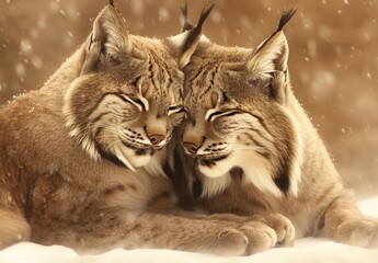 Obraz premium Two Lynxes Nestled Together in Snowy Landscape, Capturing the Serenity and Beauty of Wild Cats in Winter, Showcasing Their Unique Features and Gentle Interaction