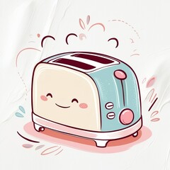 A whimsical hand-drawn clip artwork of an smiling face of a toaster on a crisp white background, created in a vector style with bold lines, soft curves, and delicate textures. Pastel creamy card
