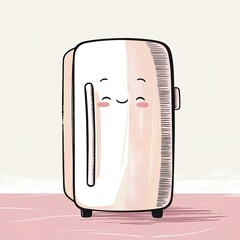 A whimsical hand-drawn clip artwork of an smiling face of a fridge on a crisp white background, created in a vector style with bold lines, soft curves, and delicate textures. Pastel creamy card.	