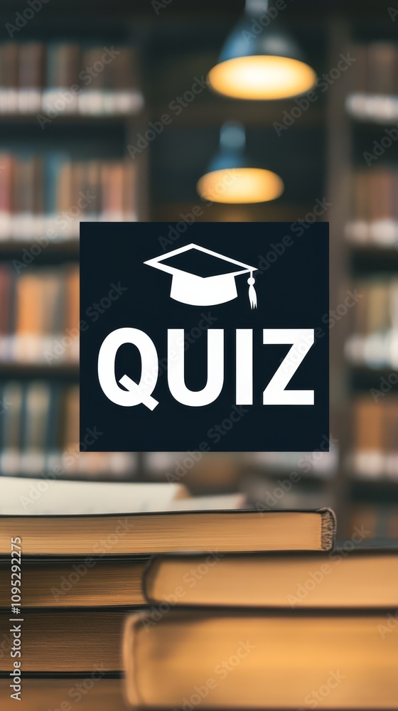 Poster knowledge is power: a quiz card with a graduation cap, placed against a backdrop of a library, invit