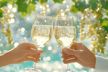 Two hands toasting with wine glasses. Generative AI