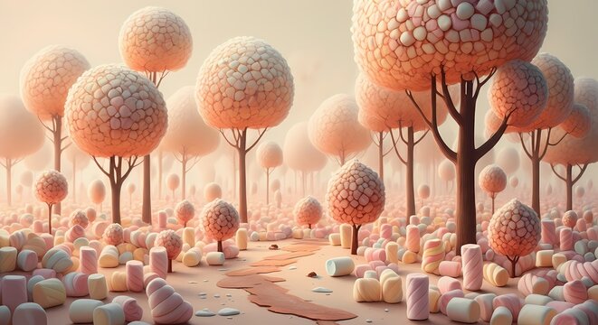 Forest Woods Landscape made from Marshmallows, Sugar Treat Marshmallow Candy Art, Sugary Gelatin Treat