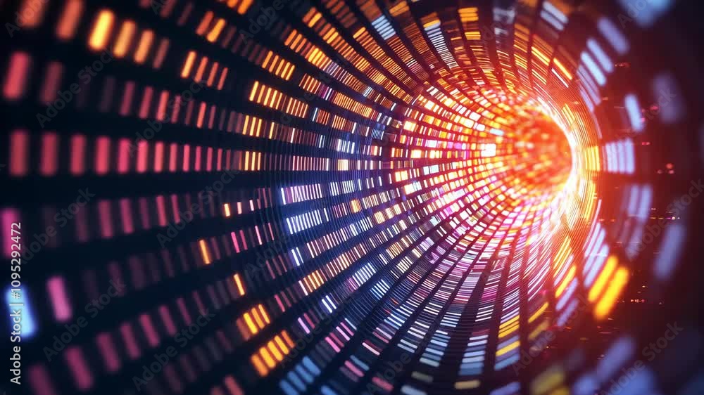 Poster abstract digital tunnel with colorful holographic patterns and light effects, creating a sense of de
