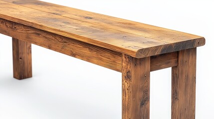 Rustic wooden bench with natural grain and minimalist design on white background