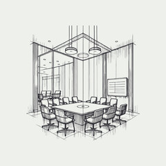 Conference Room Line Art Sketch