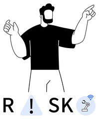 Man with beard pointing upwards, large letters spelling RISK with a warning sign and robotic arm icon. Ideal for safety, awareness, manufacturing, technology, caution, instructions, risk management