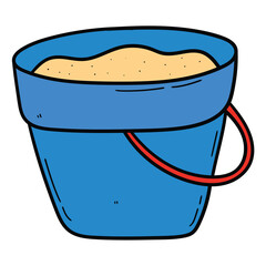 Hand drawn cartoon blue bucket of sand on white background.