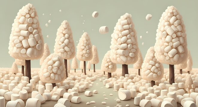 Forest Woods Landscape made from Marshmallows, Sugar Treat Marshmallow Candy Art, Sugary Gelatin Treat