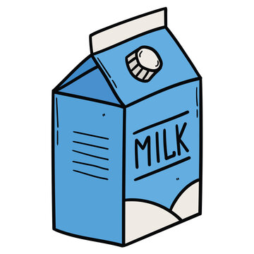 recommend clip art: Hand drawn cartoon blue milk carton on white background.