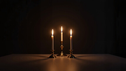 Three candles lit on a dark table