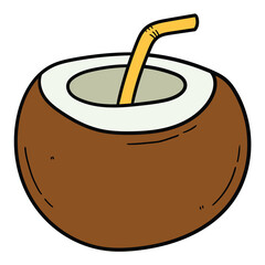 Hand drawn cartoon coconut cocktail with straw on white background.