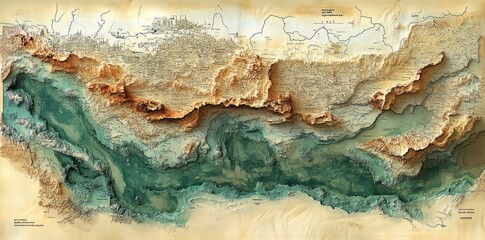 Naklejka premium Artistic Topographic Map Depicting Ancient Cityscape And Terrain