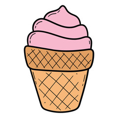 Hand drawn cartoon fruit ice cream in a waffle cone on a white background.